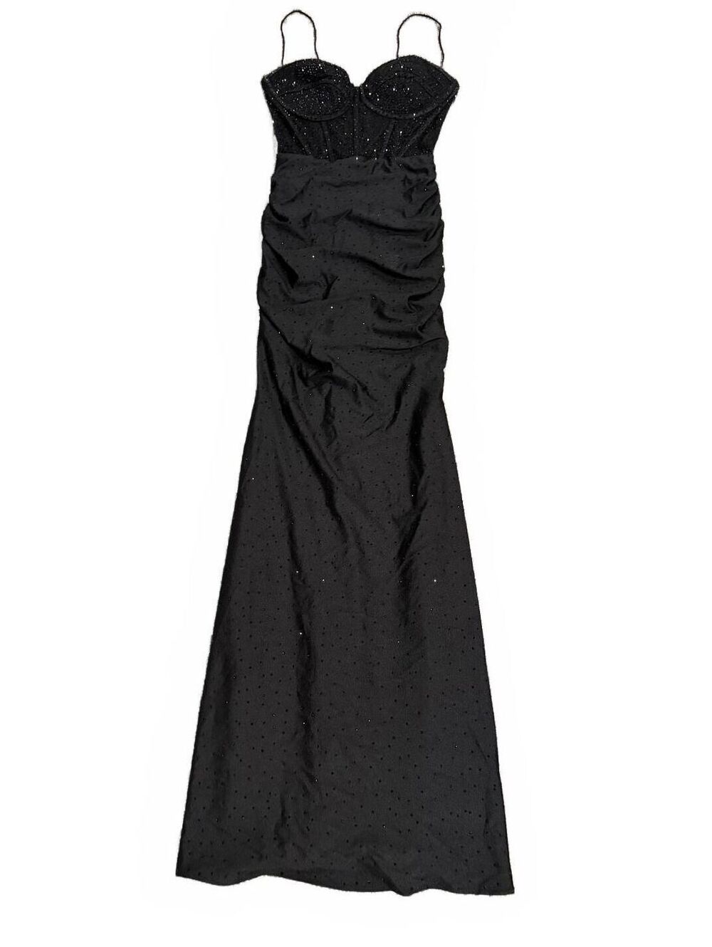 La Femme Black Beaded Corset‎ Ruched Jersey Dress Size 0